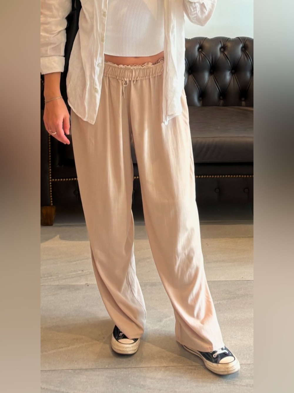 H&M Beige Wide-Leg Drawstring Waist Pants